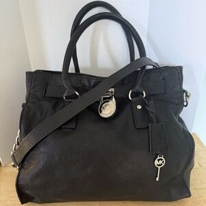 Michael Kors Hamilton Satchel Tote Leather Bag Black with Silver Lock and Chain